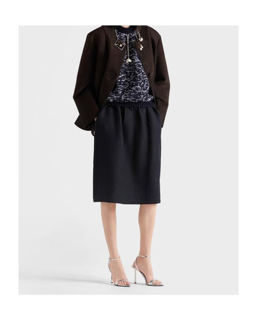 Prada Black Chevron Wool Midi Skirt