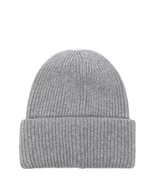 Moncler Gray Ribbed Logo-Patch Beanie Hat for men