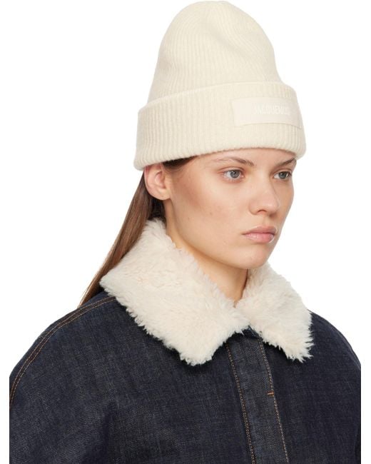 Jacquemus White 'Le Berret Gros Grain' Beanie With Logo Patch On The Front And Ribbed Knit for men