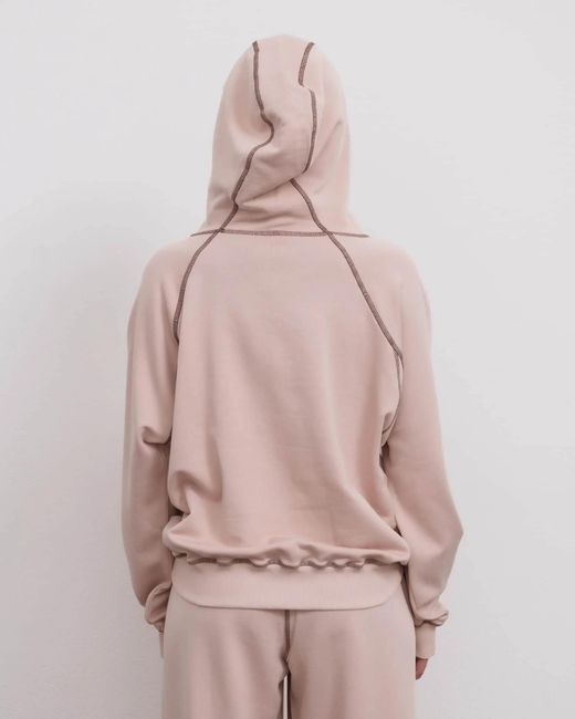 Baserange Pink Fold Contrast-Stitch Raglan-Sleeve Hoodie