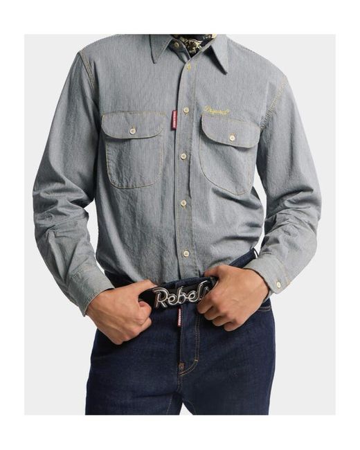DSquared² Gray Striped Denim Canadian Vintage Shirt for men