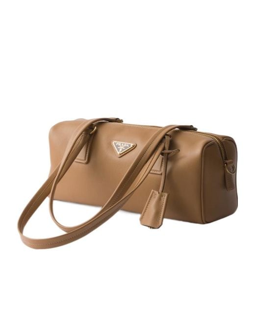 Prada Brown Re-Nylon And Leather Medium Top-Handle Bag With Padlock