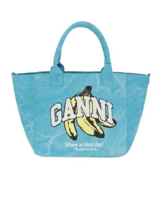 Ganni Blue Banana Print Tote Bag