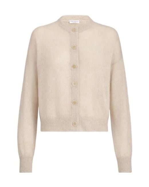 Brunello Cucinelli Natural Sparkling Mohair And Wool Cardigan With Monili