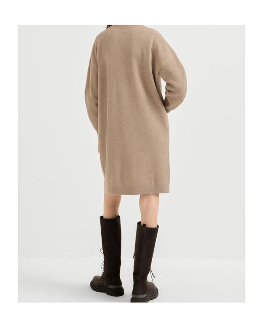 Brunello Cucinelli Natural Virgin Wool, Cashmere And Silk Rib-Knit Dress With Precious Half-Zip