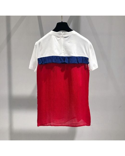 Prada Red Color Matching Design Lotus Leaf Edge T-Shirt