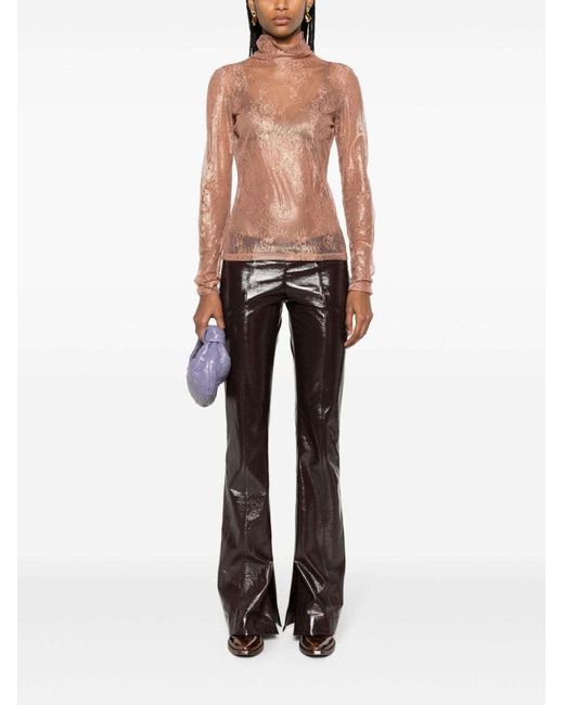 Pinko Pink Lace-Detailed Roll-Neck Semi-Sheer Top