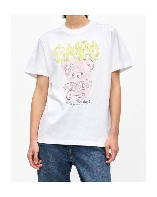 Ganni White Logo Printed Crewneck T-Shirt