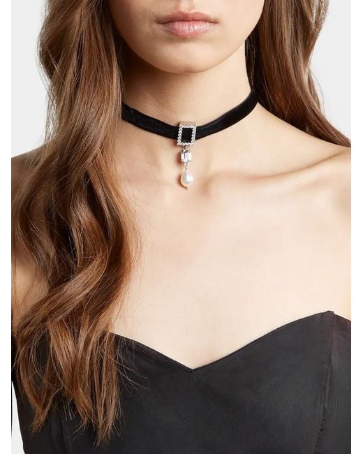 Roger Vivier White Velvet Rv Pearl Necklace