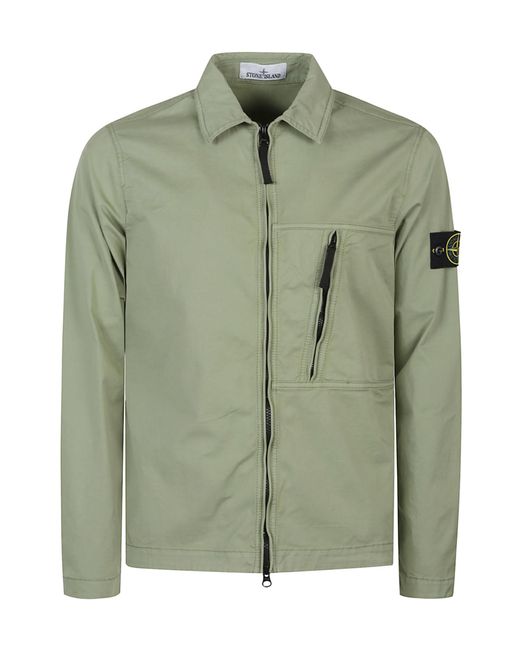 Stone Island Green Logo Patch Zipped Overshirt for men