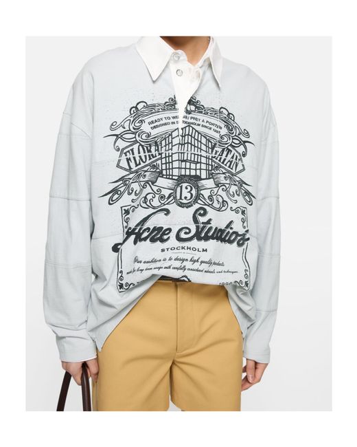 Acne White Graphic Printed Long Sleeved Polo Shirt for men