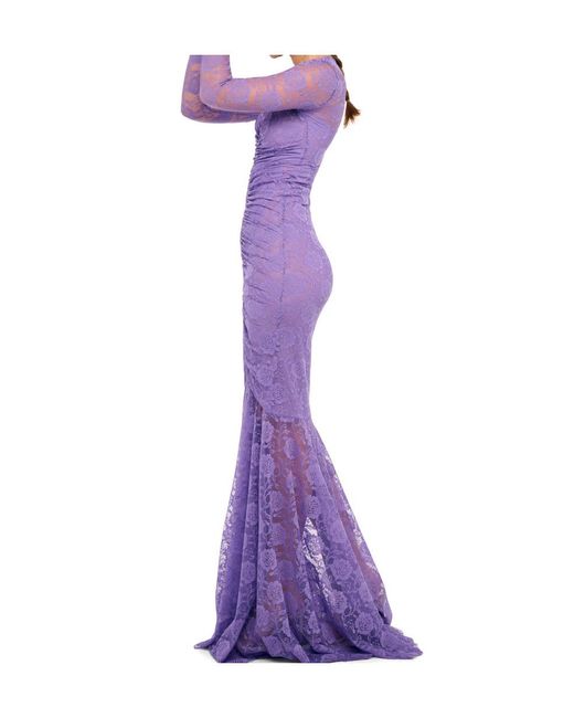 Norma Kamali Purple V Neck Shirred Front Fishtail Gown