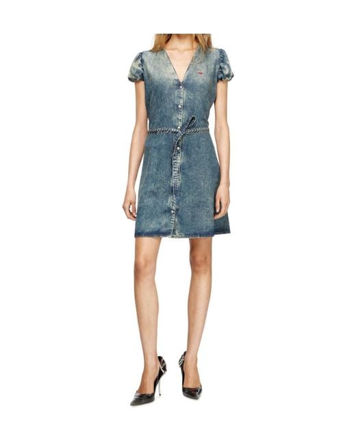 DIESEL Blue Puff-Sleeves Buttoned-Front Mini Day Dress