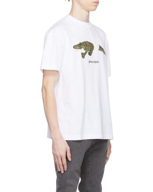 Palm Angels Gray Crocodile-Print Cotton T-Shirt for men