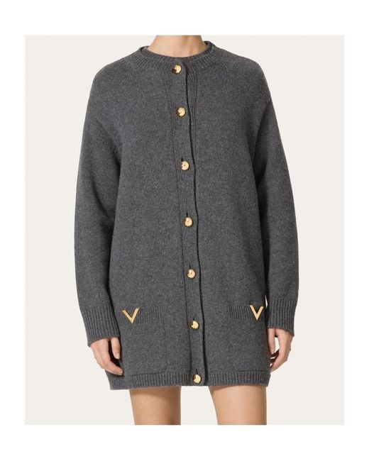 Valentino Gray Logo Plaque Buttoned Long-Sleeved Cardigan