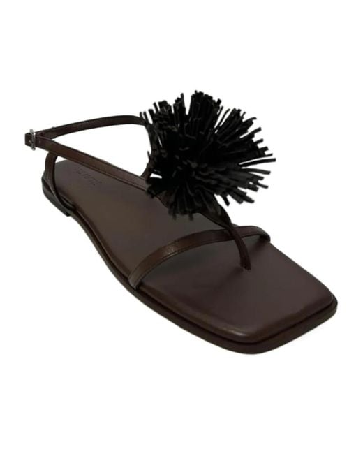 Vic Matié Black Fringed-Pom-Pom Flat Sandals