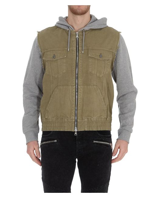 Balmain Green Contrast Panel Hooded Jacket for men