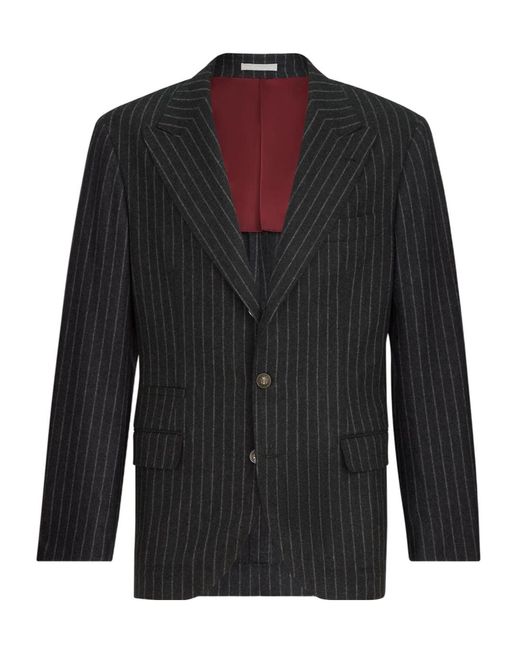 Brunello Cucinelli Black Virgin Wool And Cashmere Chalk Stripe Flannel Deconstructed Blazer With Large Peak Lapels And Metal Buttons for men