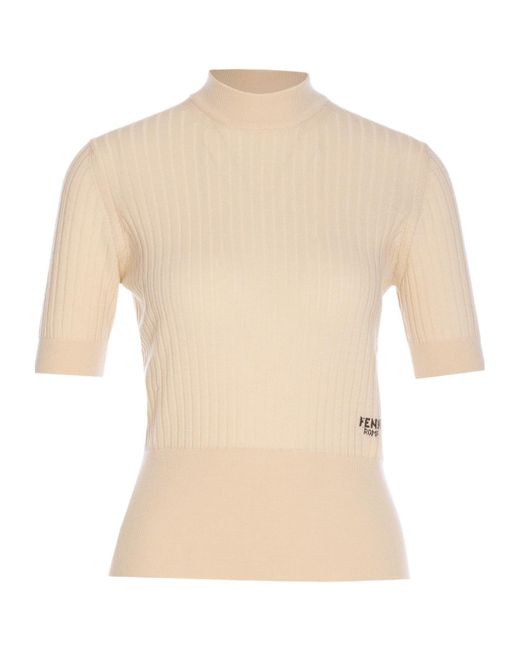 Fendi Natural Logo Intarsia Short-Sleeves Sweater