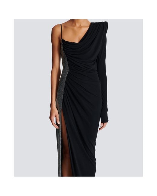 Balmain Black Draped Asymmetrical Two-Material Dress
