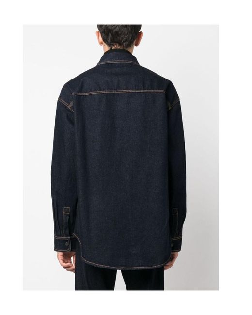 Palm Angels Blue Logo Embroidered Denim Shirt for men
