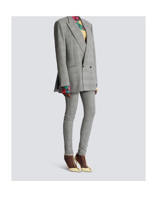 Balmain Gray Houndstooth Double-Breasted Wool-Blend Blazer