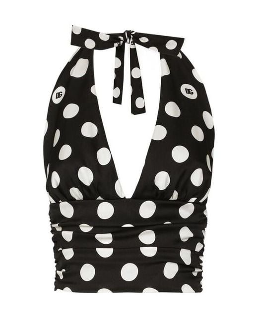 Dolce & Gabbana Black Polka-Dot Charmeuse Top With Plunging Neckline