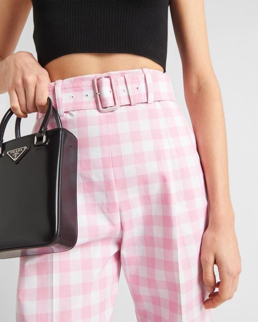 Prada Checked Belted Trousers in Pink | Lyst