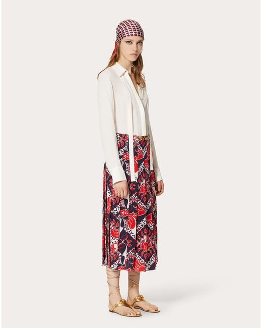 Valentino Red Pussy-Bow Logo Printed Pleated Dress