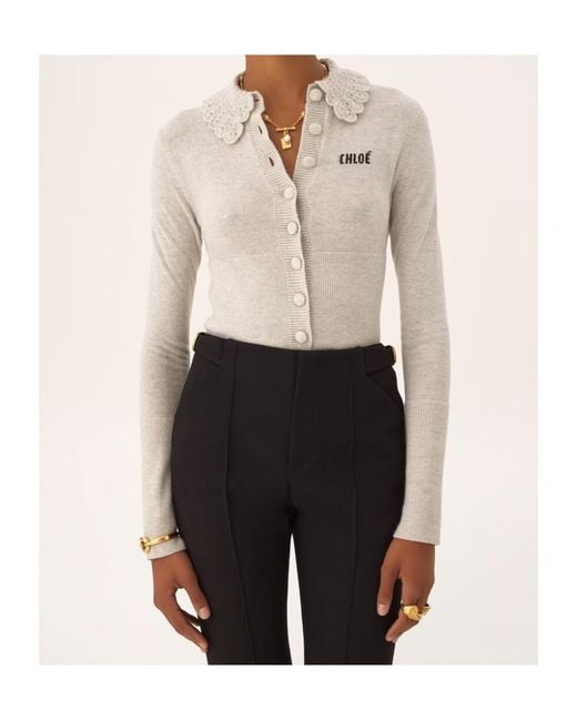 Chloé White Chloé Guipure-Collar Logo Knitted Sweater