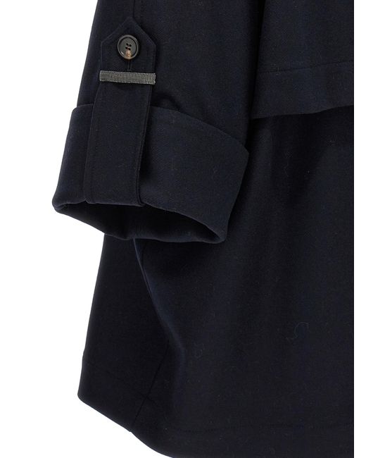 Brunello Cucinelli Blue 'Shiny Cuff Details' Caban Coat
