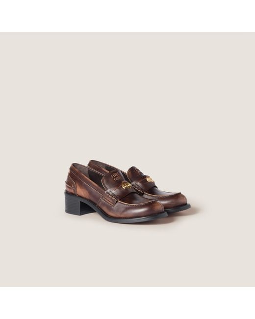 Miu Miu Brown Logo-Embossed Penny Loafers