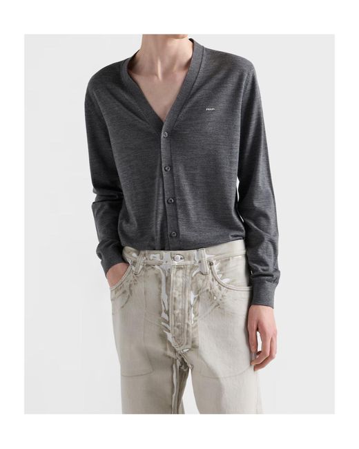 Prada Gray V-Neck Knitted Cardigan for men