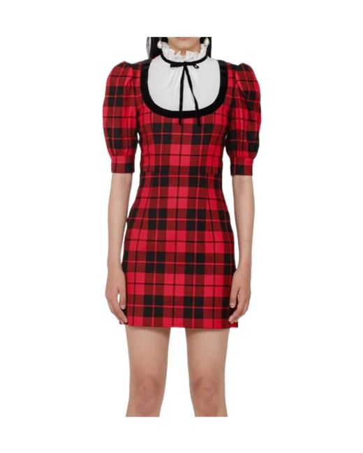 Alessandra Rich Red Plaid Short-Sleeved Wool Dress