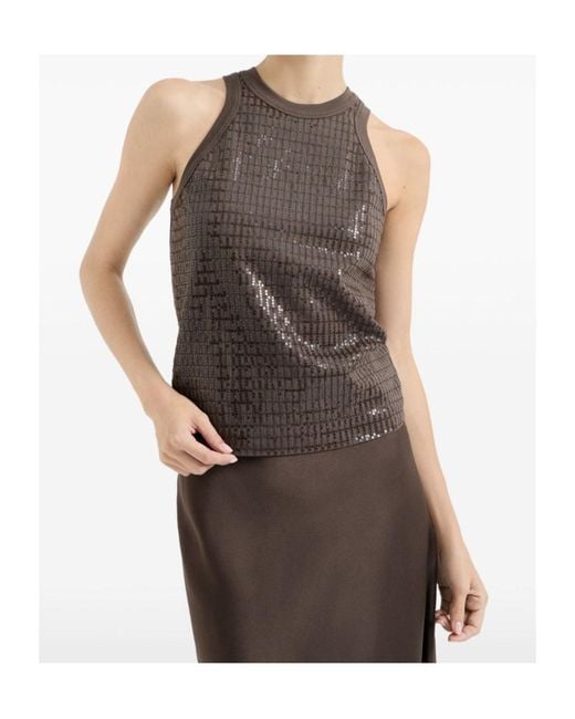 Brunello Cucinelli Brown Stretch-Cotton Sequin-Embellished Tank Top