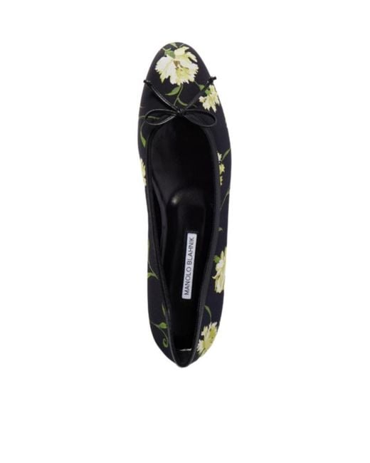 Manolo Blahnik Black Floral Print Satin Ballet Flats