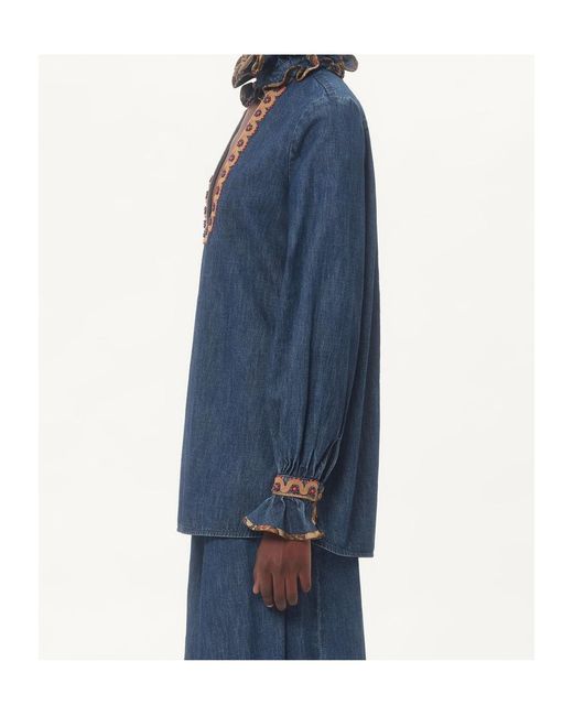 Valentino Blue Ruffled Long-Sleeved Denim Top
