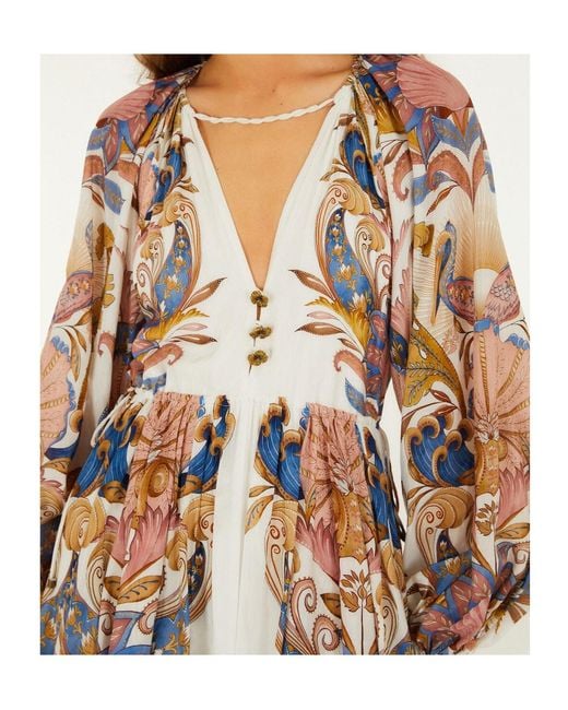 Farm Rio White Sea Garden Floral-Printed Long-Sleeved Mini Dress