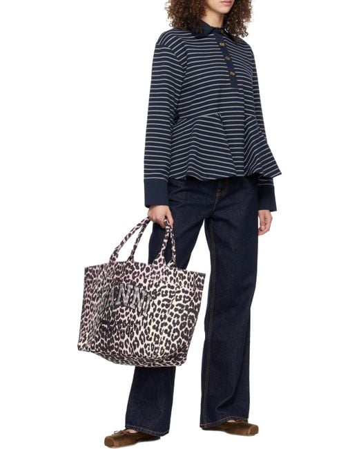 Ganni Black Leopard Printed Medium Tote Bag