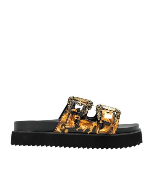 Versace Jeans Black Couture Buckle Embellished Barocco-Printed Sandals