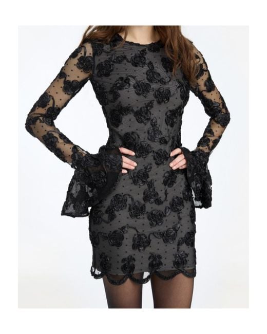 ROTATE BIRGER CHRISTENSEN Black Flower Mesh Ls Mini Dress