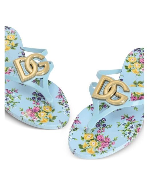 Dolce & Gabbana Blue Logo Floral Flip-Flops