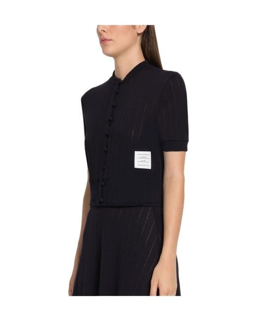 Thom Browne Blue Pointelle Knit Short-Sleeve Cardigan