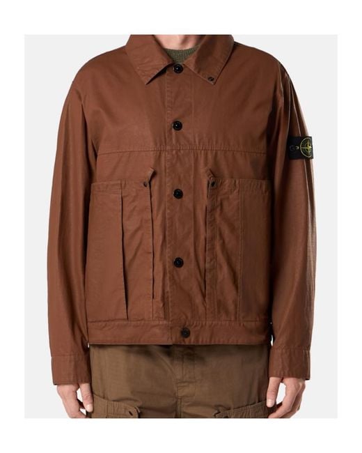 Stone Island Brown Contrast Snap Button Jacket With Multiple Pockets for men