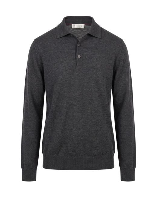 Brunello Cucinelli Black Collared Long-Sleeved Knit Sweater for men