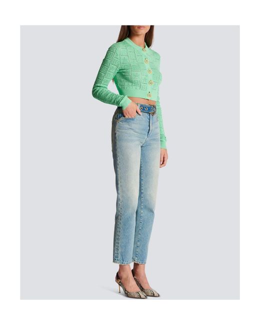 Balmain Green Buttonned Monogram Mesh Knit Cardigan