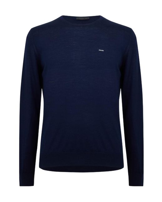 Prada Blue Knitted Crew Neck Jumper for men