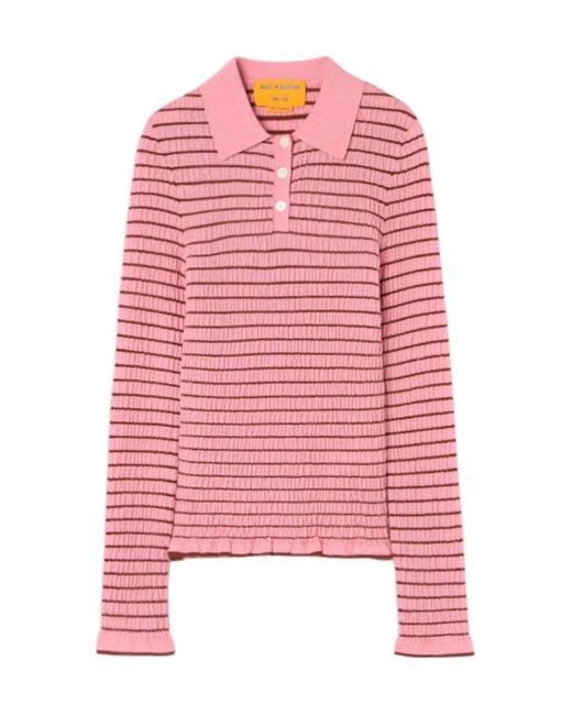 Guest In Residence Pink Striped Shirred Polo Shirt