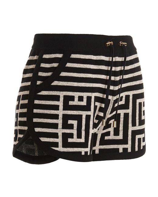 Balmain Black Monogram-Jacquard Wool Shorts