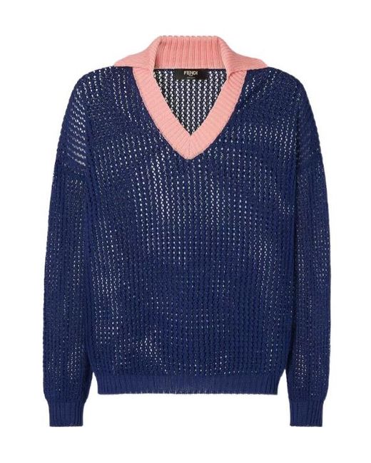 Fendi Blue Contrast V-Neck Ribbed-Knit Polo Top for men